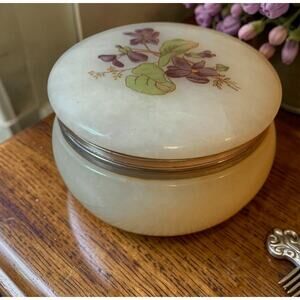 Vintage Hand Carved ITALY Alabaster Trinket Box Hinged Lid Floral Iris 3624-37